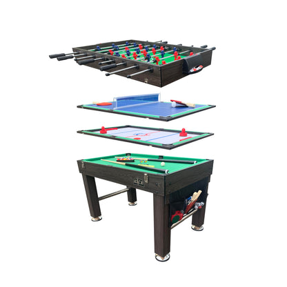 KICK Tetrad 55" 4-in-1 Multi Game Table (Brown) – Foosball, Billiards/Pool, Air Hockey & Ping Pong
