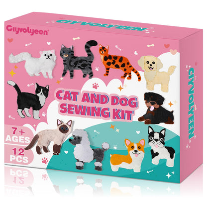 CiyvoLyeen Sewing Kit for Kid Beginner Arts & Crafts 12 Easy DIY Projects of Stuffed Sewing Set Animal Toys of Puppies & Kittens Kit Toy Gift for Girl Boys Learn to Sew Ages 6 7 8 9 10 11 12
