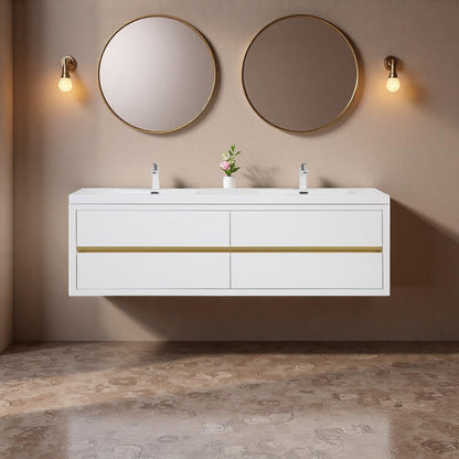 Trygoal 72" Bathroom Vanity with Sink, Floating Vanity with Resin Countertop & 4 U-Shaped Interiors, Wall-Mounted Bathroom Storage Cabinet with Soft-Close Drawers for Home, Easy to Clean, Glossy White