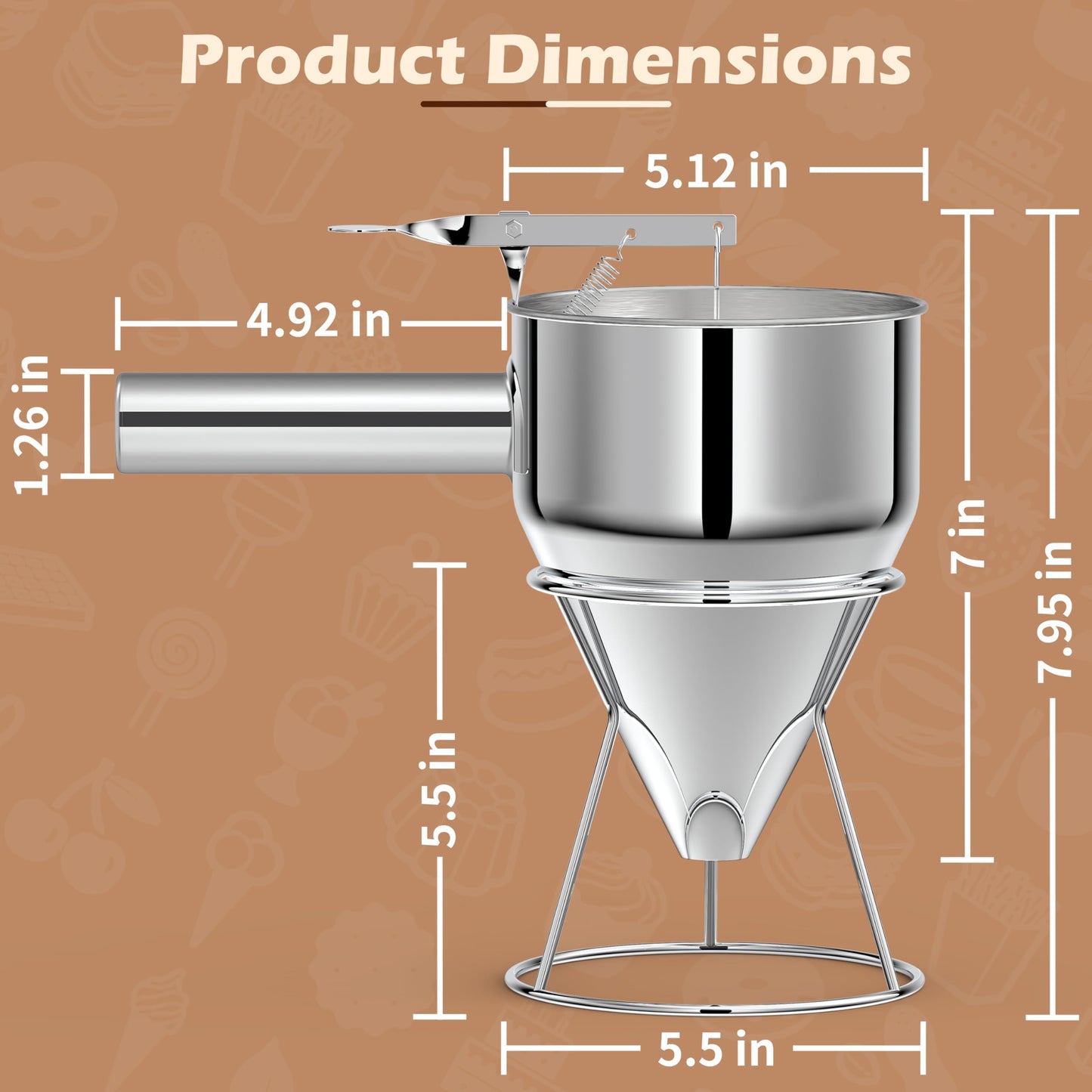 EgieMr Pancake Batter Dispenser, Pancake Dispenser with 0.8 in Large Spout, Easy-Pour Cake Batter Funnel for Thick Mix with Fruits or Chocolate Chips, Stainless Steel Funnel for Home and Kitchen