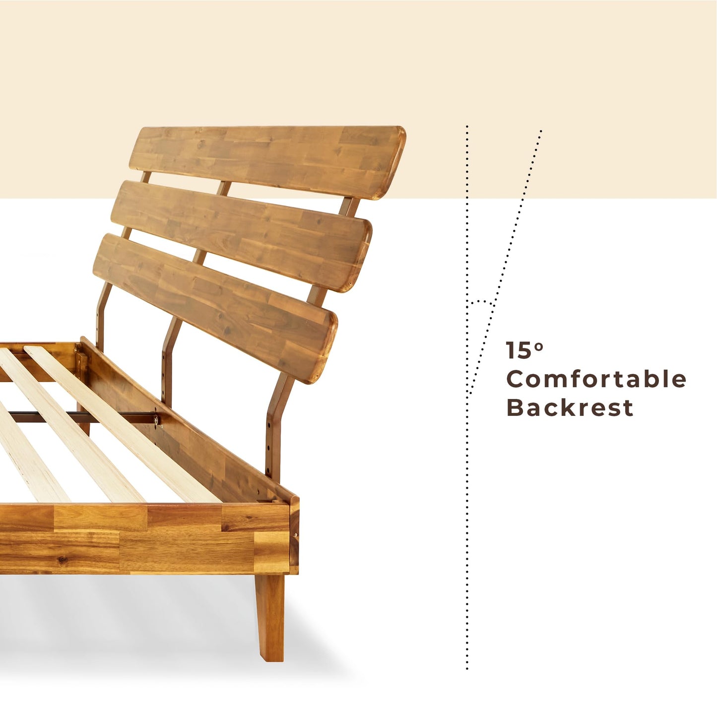 Bme Caden King Size Bed Frame and Adjustable Headboard, 15 Inch Mid Century Retro Style - Solid Acacia Wood - No Box Spring Needed - 12 Strong Wood Slat Support - Easy Assembly - Caramel