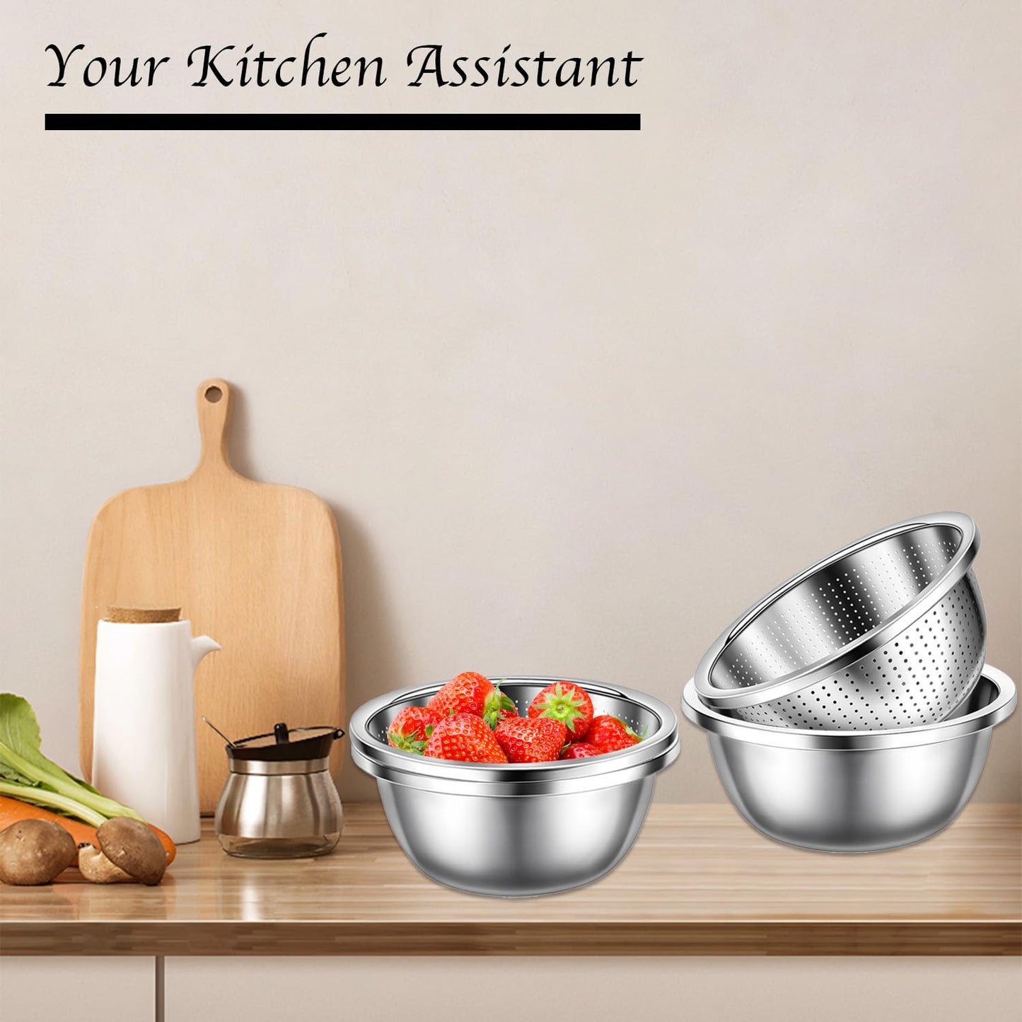 Stainless Steel Mixing Bowls, 4 Pack Rice Washer Strainer Bowl Large Mixing Bowl Salad Mixing Bow, Rice Cleaner Strainer Stainless Steel Colander For Washing Vegetables, Fruit, Rice, Straining Pasta