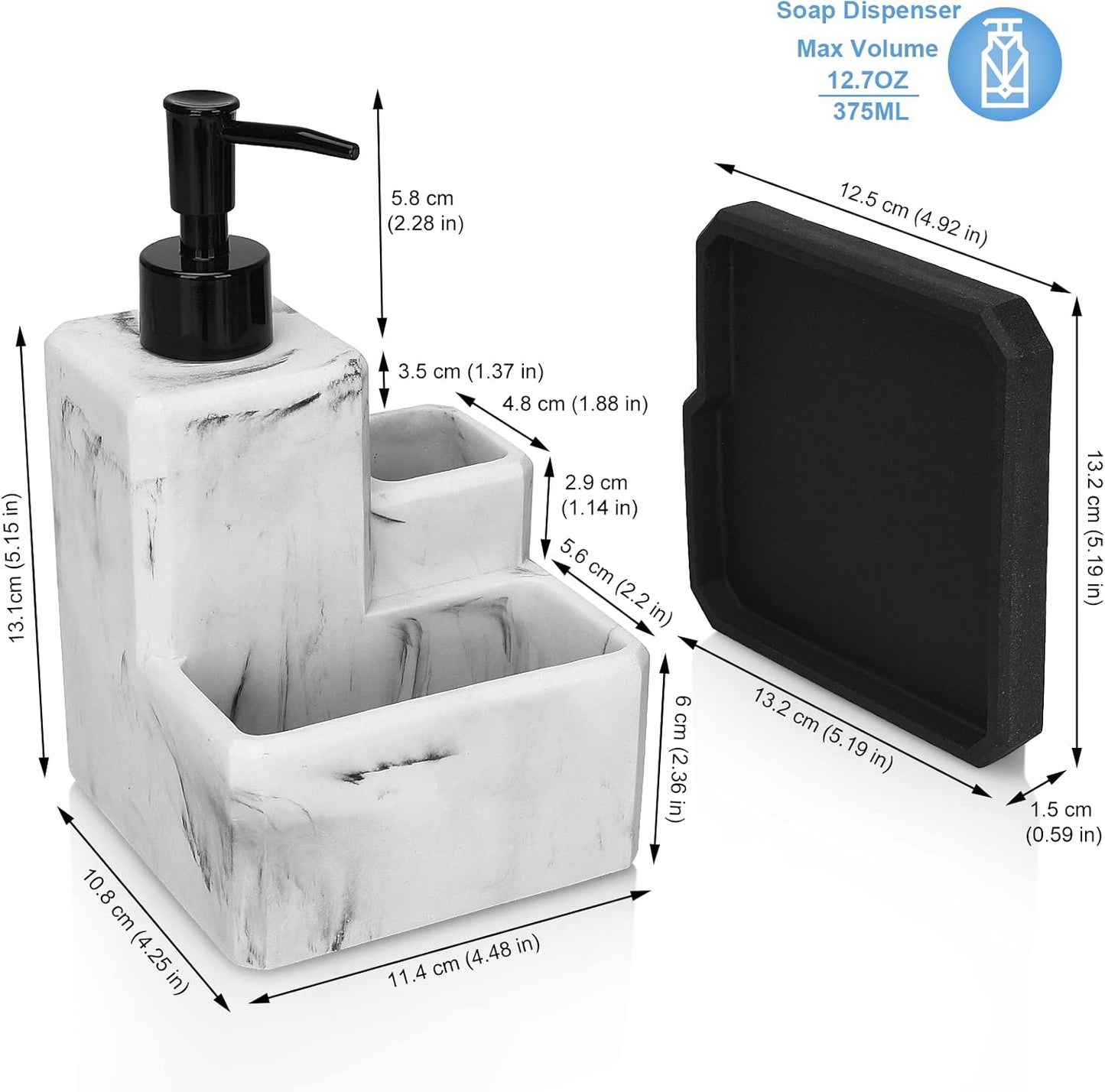 LeucSuiok 3 1 Soap Dispenser with Sponge Holder and Brush Holder,White Marble in Liquid Hand Dish Soap Dispenser