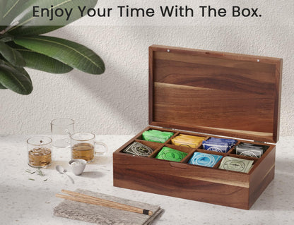 Danfoxer Acacia Wood Tea Bag Organizers, Tea and Sugar Packet Storage Chest with Lid, Wooden Teabag Holder Containers,Tea Box with 8 Compartments