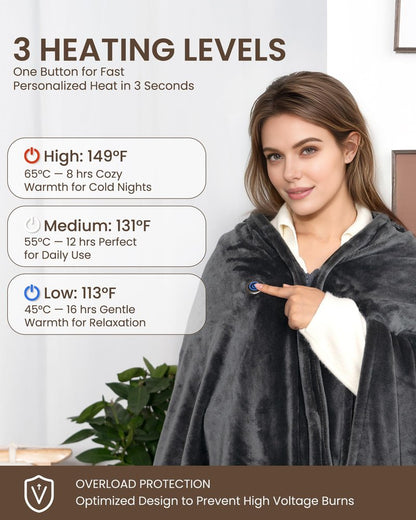 Cordless Heated Blanket with Hood, USB Battery Powered Heated Wearable Blanket with 9 Heating Zones, 20000 mAh Power Bank, 3 Levels, Portable Heated Throw Blanket, Heated Shawl (Warm Comfort Gray)