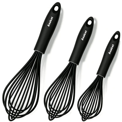 Anaeat Silicone Balloon Whisk, Perfect for Non-Stick Cookware, Milk and Egg Beater Blender, Heat Resistant Kitchen Whisks for Whisking, Cooking, Baking, Beating, Frothing & Stirring (Black)