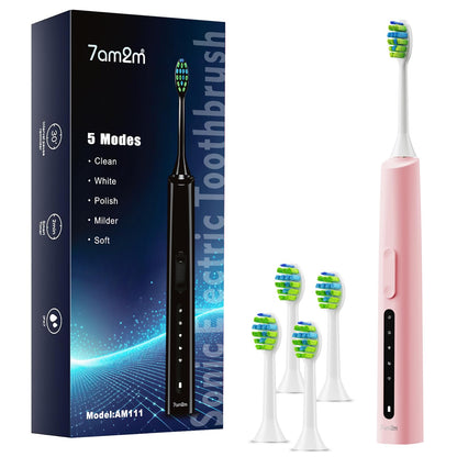 7AM2M Sonic Electric Toothbrush for Adults and Kids, 40000VPM Power Toothbrushes, USB-C Rechargeable with 4 Brush Heads, 5 Modes, 2 Minutes Built in Smart Timer, One Charge for 60 Days (Black)