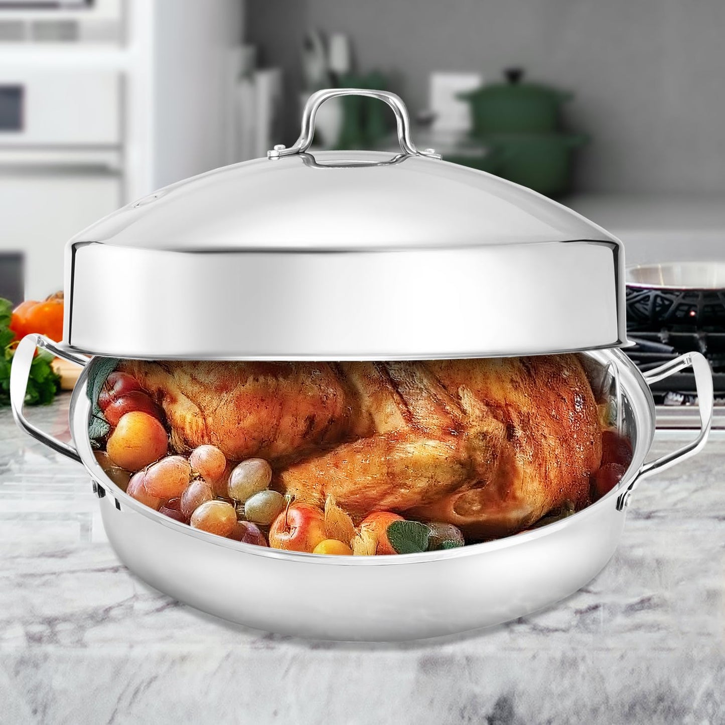 Roasting Pan With Rack and Lid,Oval Stainless Steel Turkey Roasting Pan,22INCH(With Handle), Dishwasher Safe Bakeware for Turkey,Roasted Chicken,Beef or Veggies,by DIMESHY