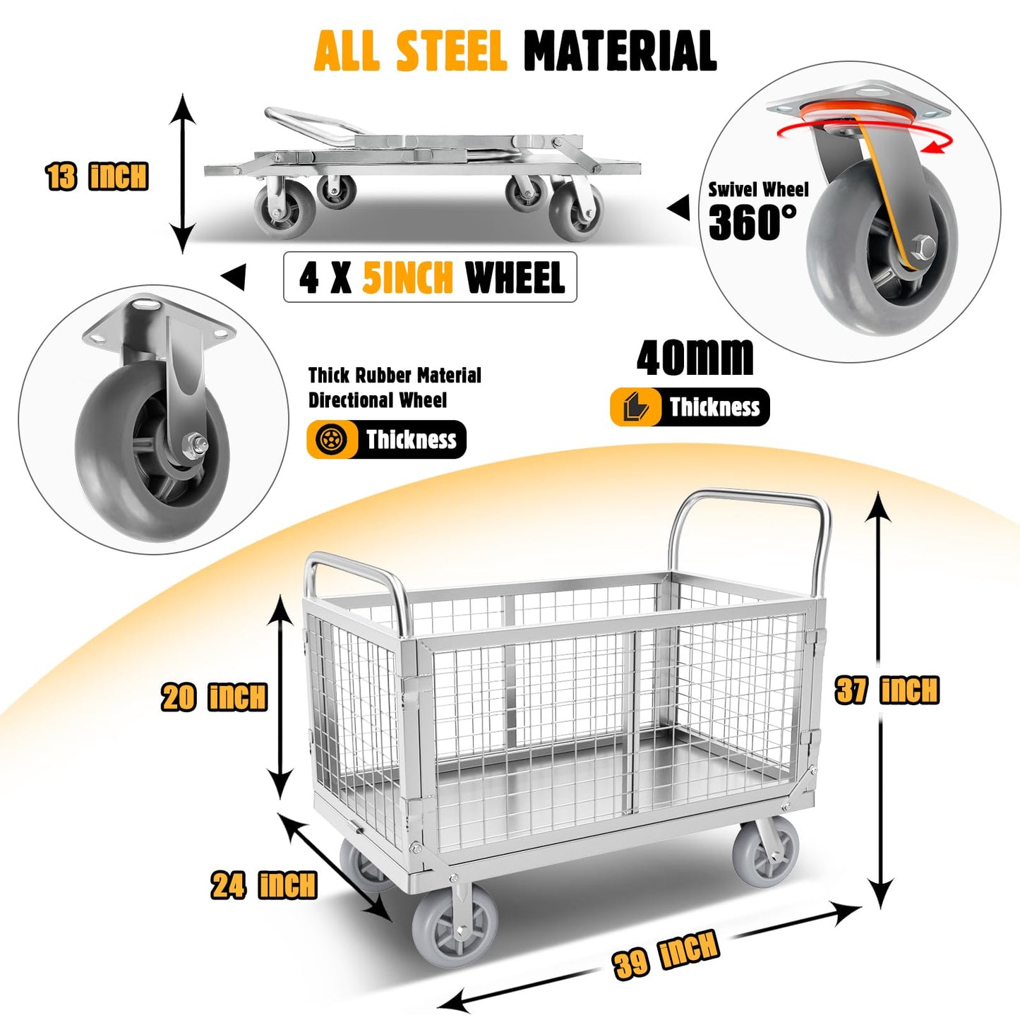 Platform Truck Cart with Cage, Multipurpose 6 in1 Foldable Flatbed Cart Heavy Duty Push Cart Dolly W/Swivel Wheels 2000lbs Capacity Utility Hand Cart for Grocery/Laundry/Stall/Storage