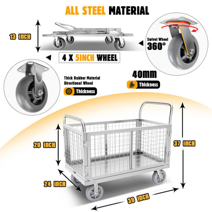 Platform Truck Cart with Cage, Multipurpose 6 in1 Foldable Flatbed Cart Heavy Duty Push Cart Dolly W/Swivel Wheels 2000lbs Capacity Utility Hand Cart for Grocery/Laundry/Stall/Storage
