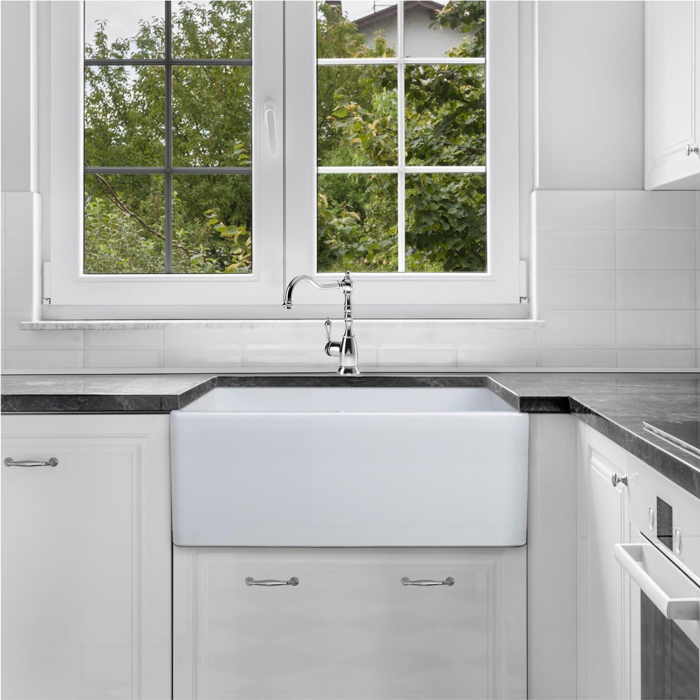 Houzer PTS-2600 WH Platus 26 Inch Fireclay Apron Front Kitchen Sink, Farmhouse Style, Single Bowl, Non Porous Surface Impervious to Cracks and Chips, White