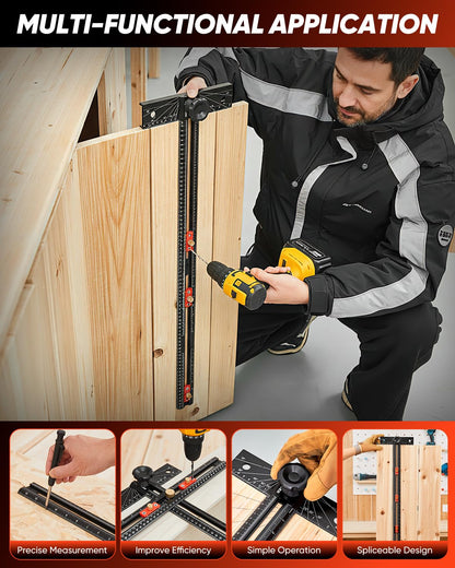 Saker 4-in-1 Scriber Marking Line Ruler, 29.5in Spliceable Extended T Square, Precision Line Drawing & Drilling Positioning Tool, Cabinet Hardware Jig with Angle Adjustment for Woodworking
