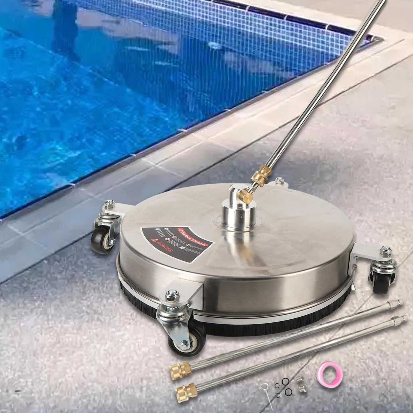 TRELVEX 15inch Pressure Washer Surface Cleaner with 2 Wand Power Washer Attachment 1/4'' Quick Connect for Patios Decks with 4 Wheels