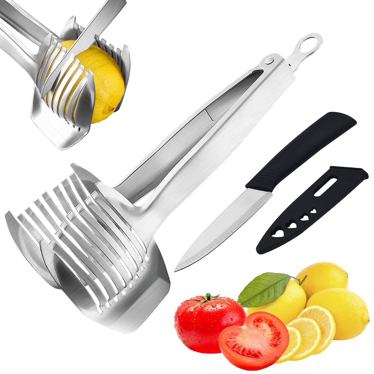 KAYCROWN Tomato Slicer Holder with Paring Knife Set, Stainless Steel Lemon Slicer Cutter for Slicing, Onion Holder for Slicing, Vegetable Cutter for Tomato, Lemon