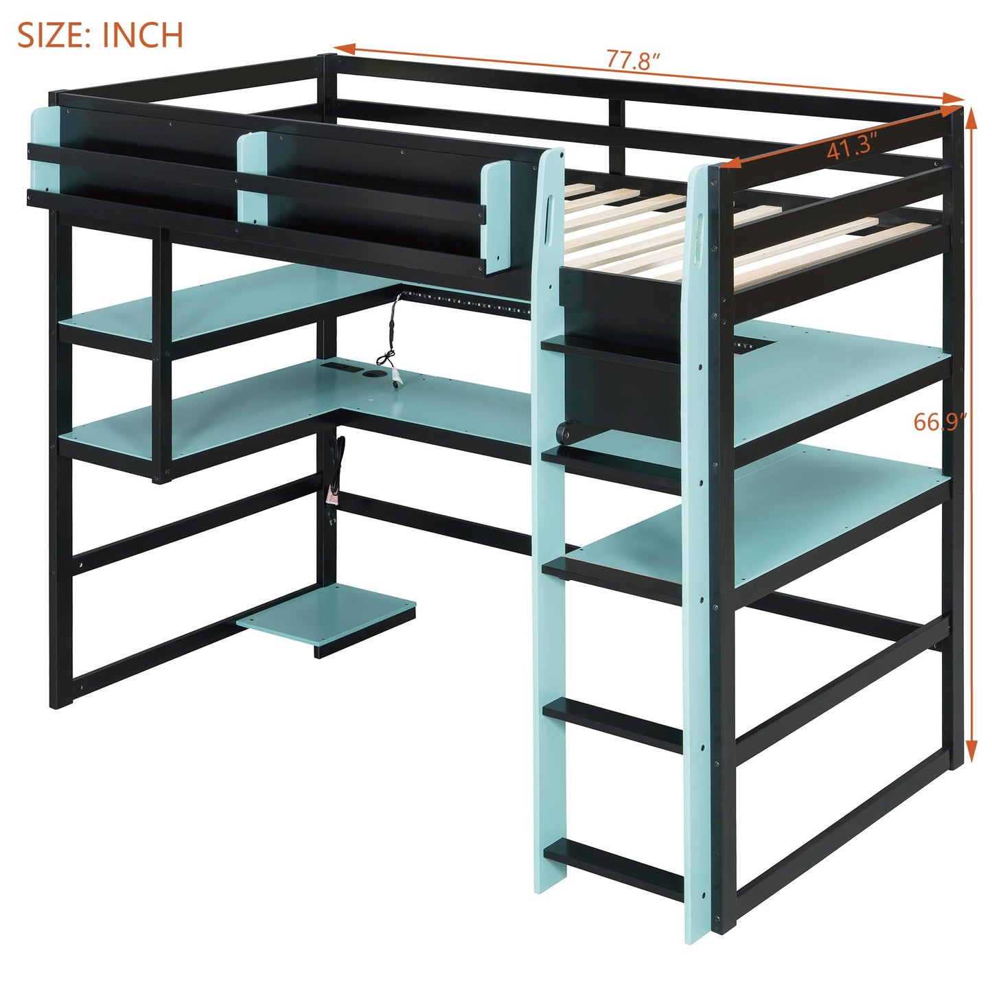 Merax Twin Size Wood Loft Bed with Desk, Side Storage Rack, Multi-Storage Shelves and USB Ports, Space-Saving Loft Bed for Teens, Adults, Blue