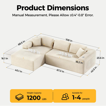 CAMMOO 108” Cloud Sectional Couch in One Box, Compressed Modular Sectional Sofa with Deep Seat, Corduroy Boneless Couches, L-Shaped Sofa for Living Room, 4 Storage Pockets(Left Facing Chaise, Beige)