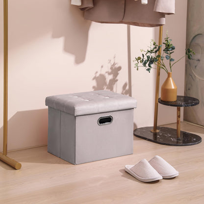PRANDOM Ottoman with Storage [1-Pack], Velvet Folding Small Square Foot Stool with Lid for Living Room Bedroom, Light