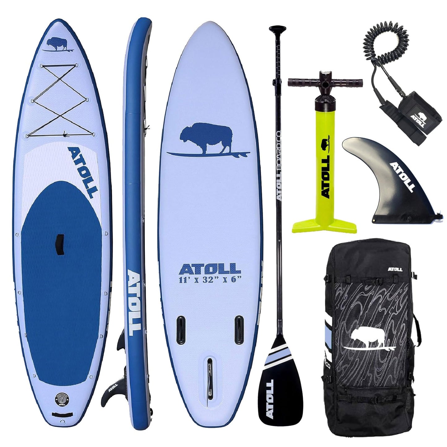 Atoll Inflatable Paddle Board with Premium SUP Stand Up Paddle Board Accessories & Back Pack, Non-Slip Comfort Deck for Unisex Adult - 11ft (Light Blue)