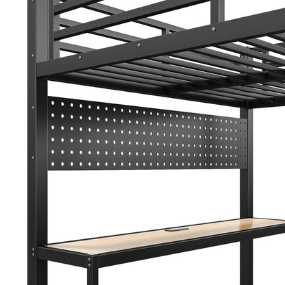 Bellemave Queen Size Loft Bed with Desk,with USB Ports, Lights, and Hanging Rod, Cave Board Design, Metal Queen Loft Bed Frame for Adults, Kids, Teens, Black