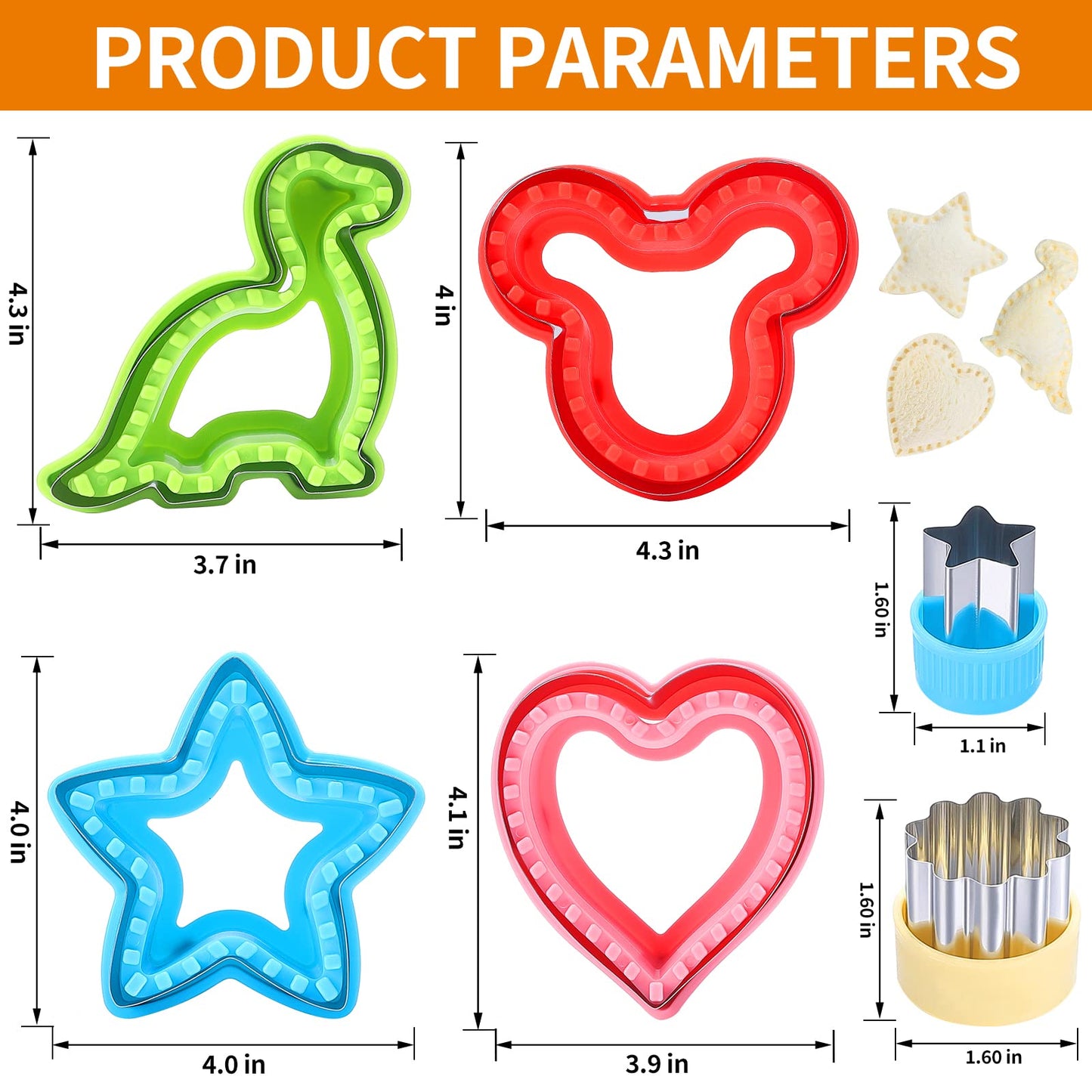 BakingWorld Sandwich Cutter and Sealer Set,14 Pcs Sandwich Maker Bread Cutters DIY Cookie Cutters Fruit Vegetable Cutter Shapes for Kids Boys & Girls Bento Lunch Box with 16 pcs Animal Food Picks