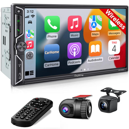 SJoyBring [QLED Screen Upgrade] 7" Double Din Car Stereo with Dash Cam, Wireless Apple CarPlay and Android Auto, Bluetooth, 240W 4.2-Channel Audio Output, MirrorLink, Backup Camera, AM/FM Car Radio