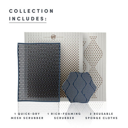Brite by Scotch-Brite Limited Edition 4-Piece Scrub and Wipe Collection with 1 Rich-Foaming Dish Scrubber, 1 Quick-Dry Mesh Scrubber, and 2 Reusable Sponge Cloths