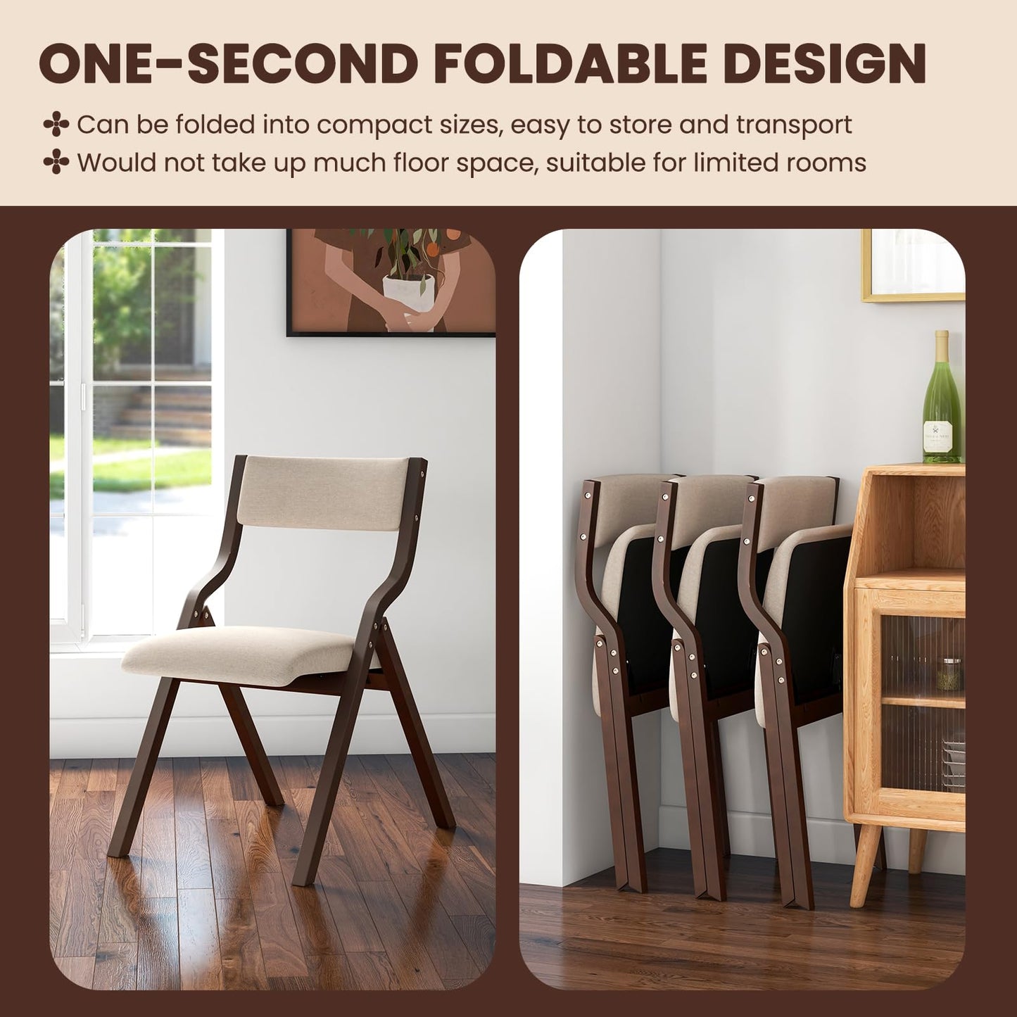 Giantex Folding Dining Chairs Set of 4, No Assembly Folding Chairs w/Linen Padded Seats, Wood Foldable Kitchen Chairs, Easy to Store Extra Event Chairs, Padded Folding Chair for Wedding Guests Party