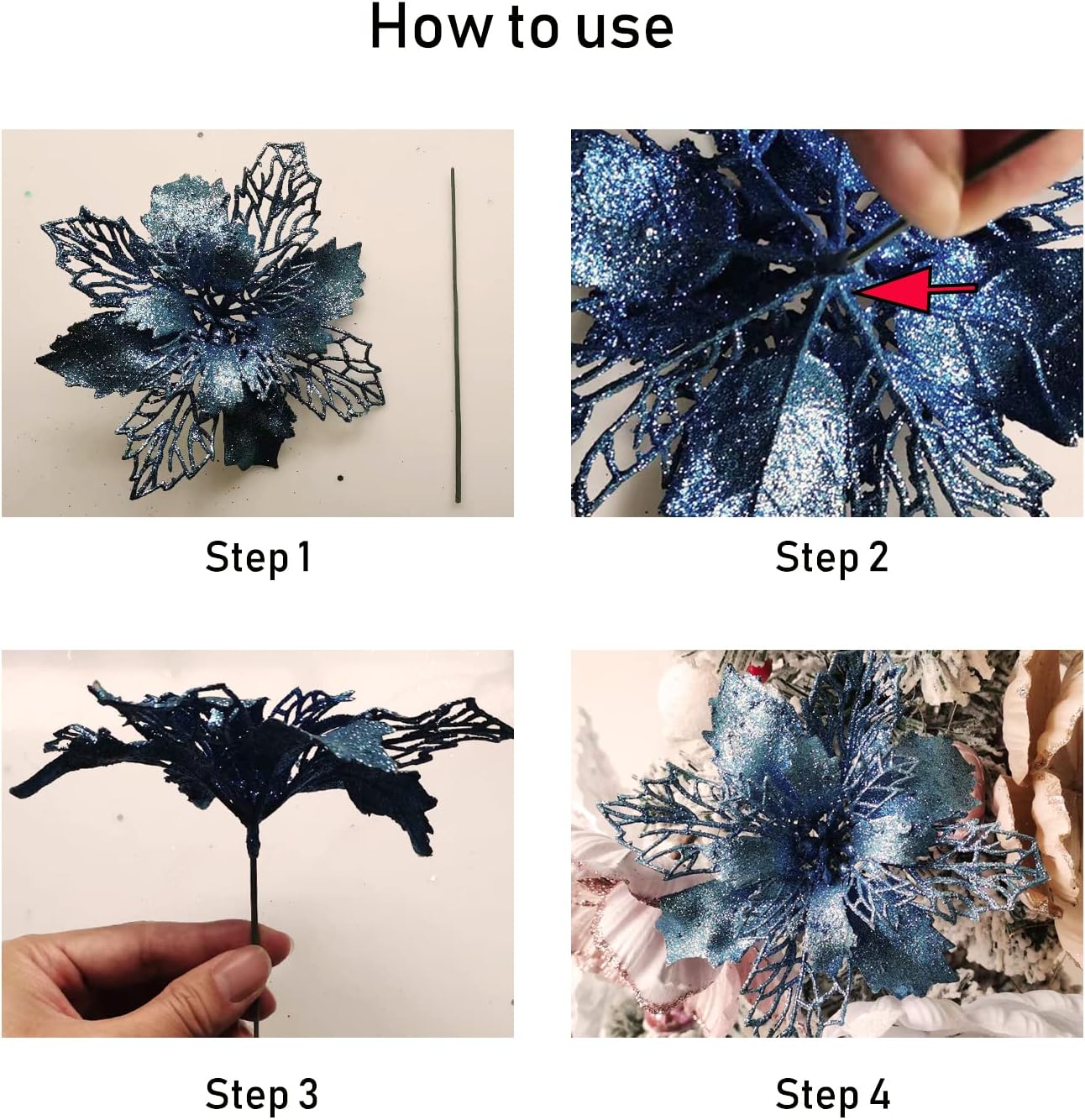 GL-Turelifes 12 Pieces 6.3’’ Glitter Christmas Flowers - Lake Blue Poinsettia Artificial Flower for Wreath and Tree