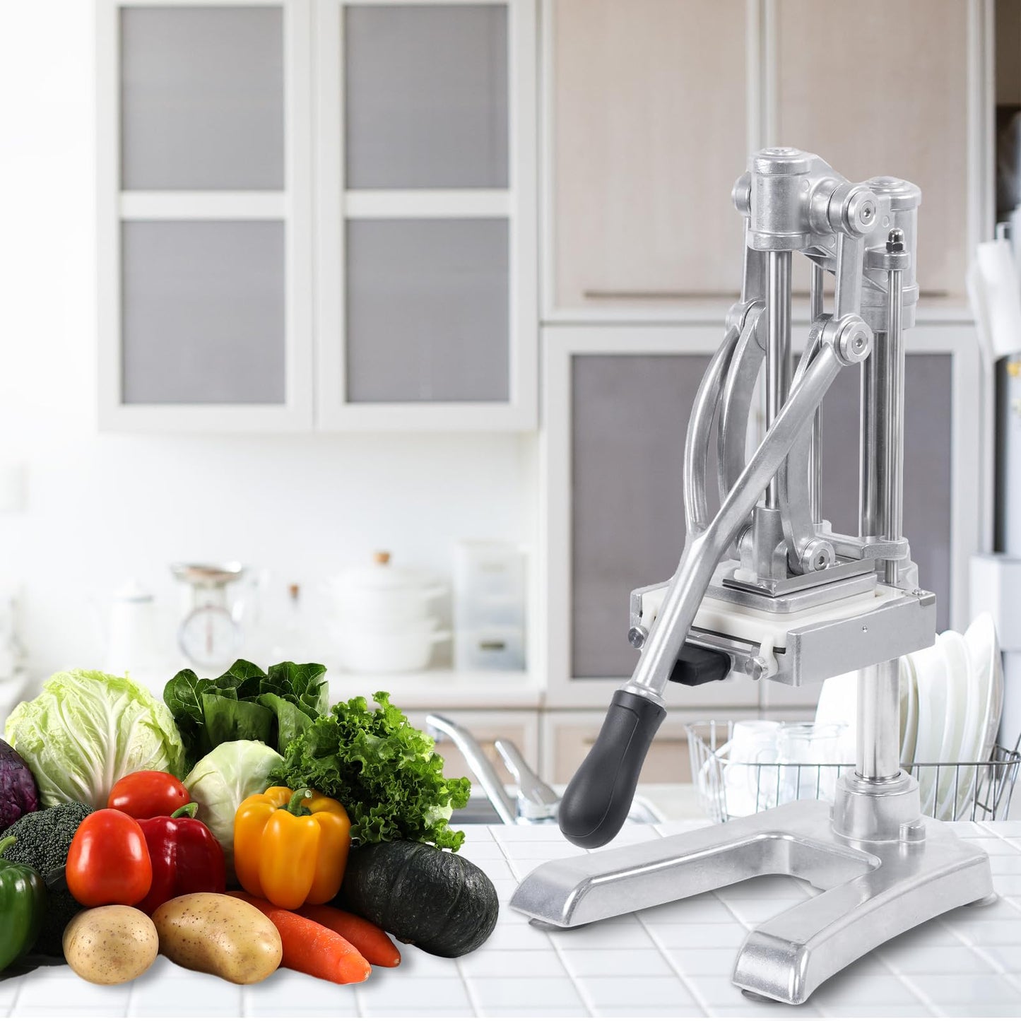 Rismanor Multifunctional Manual Vegetable slicer Citrus Squeezer Juicer Machine AIO Stainless Steel French Fry Cutter Potato Slicer (Sliver, Squeezer & 1/2 3/8 1/4 Blade)