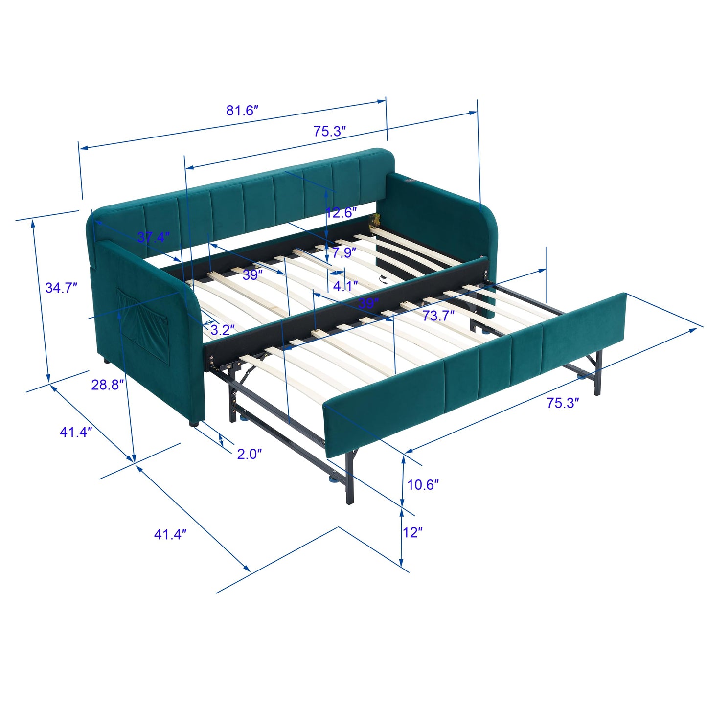 Ball & Cast Twin Size Daybed with Pop up Trundle,Velvet Upholstered Day Bed Frame with Channel Tufted Backrest,Extendable Trundle Bed with USB Port & Side Pocket,Twin to King Design,Emerald