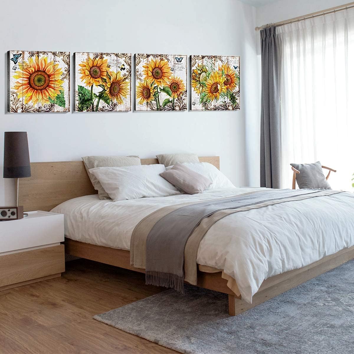 Sunflower Wall Art Bathroom Decor - Rustic Kitchen Yellow Flower Canvas Prints, 12x12" 4Pcs