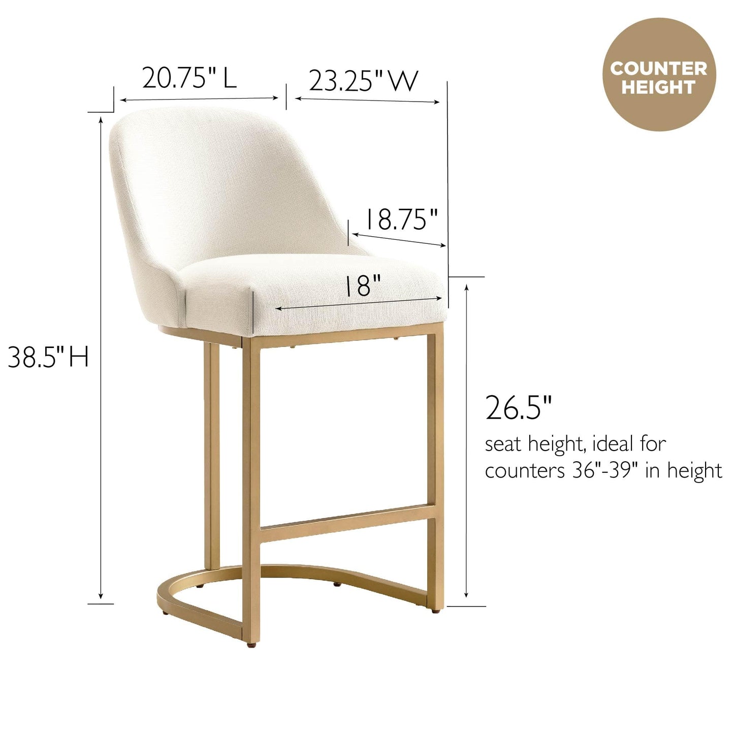 Leick Home 214957 Barrelback Counter Stool with Metal Base, Set of 4, for Elevated Kitchen Counters, High Top Tables, and Bars, Modern White Linen Seat and Gold Metal Base