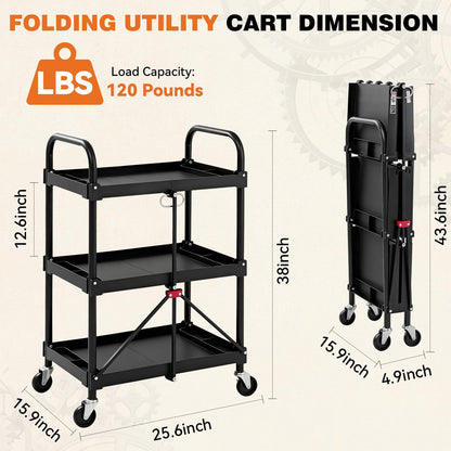 DUMOS 3-Tier Folding Utility Cart Set of 2, Collapsible Service Cart with 4 Swivel Wheels and Brakes, 120LBS Capacity & Collapsible Storage Rolling Cart for Kitchen, Office, Garden, Garage, Pure Black