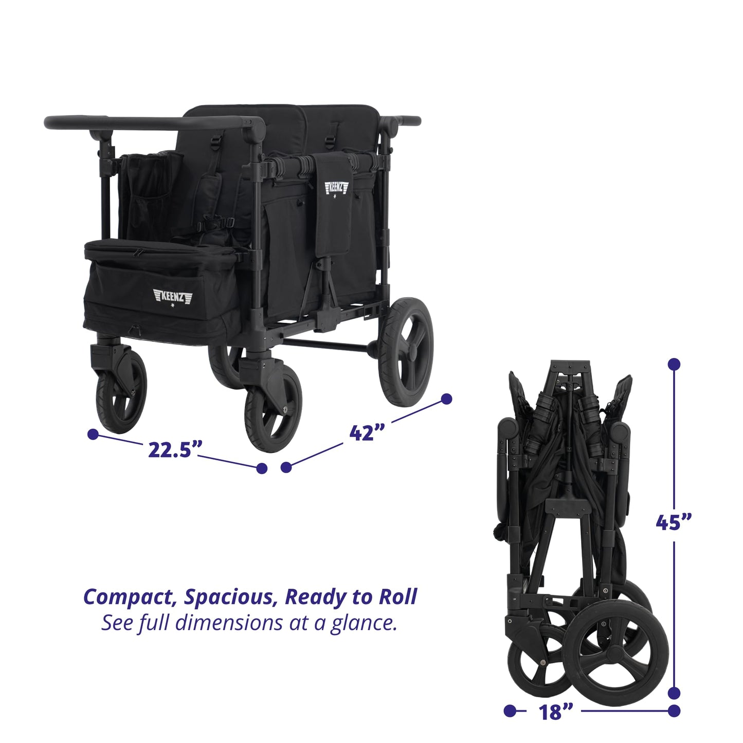 Keenz MOOV 2-Passenger All-Terrain Stroller Wagon with Reclining Seats, Cooler Bin, Push/Pull Handle, and Rubber Wheels – Foldable Wagon for Kids and Toddlers, Black