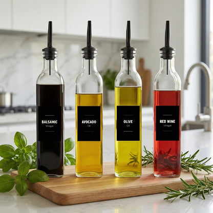 Olive Oil & Vinegar Dispenser Bottle Set with Stainless Steel Pourer, Funnel & Labels - Glass Kitchen Oil Cruet - Dispenser Bottle for Coffee Syrup, Soy Sauce, Cooking Sauces & More - 500ml - Set of 4