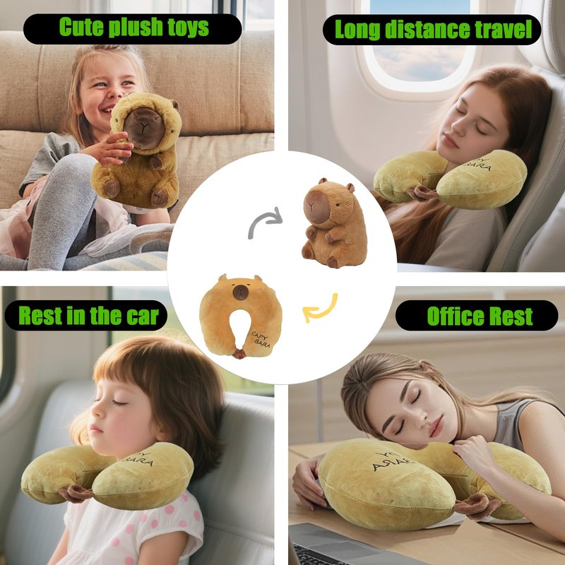 hrabykt Capybara Travel Pillow for Kids & Adults Car Neck Pillow Memory Cotton U-Shaped Neck Pillow Soft Head Support Travel Accessories for Airplane Car Train Bus Airplane Pillow