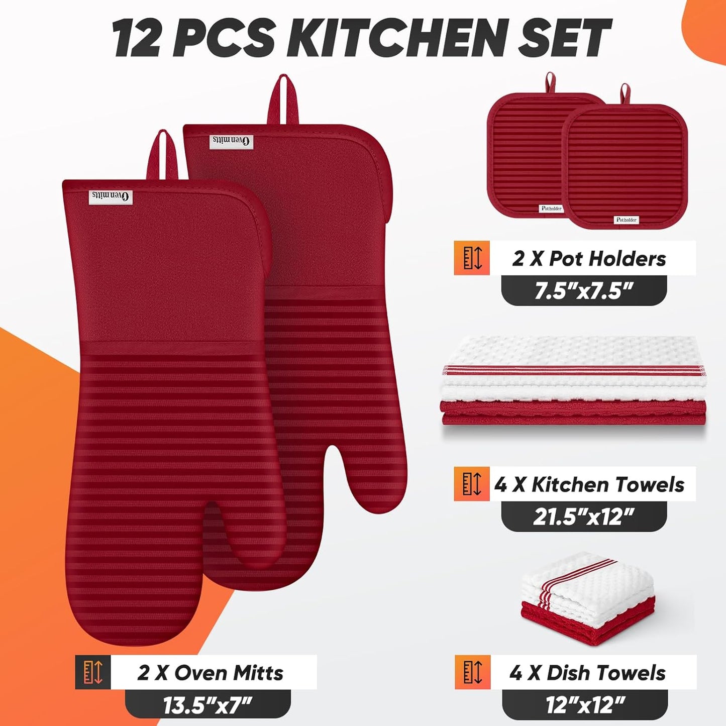 Skiennix Oven Mitts Set - 500°F Heat Resistant Gloves & Potholders with Silicone Grip | Red