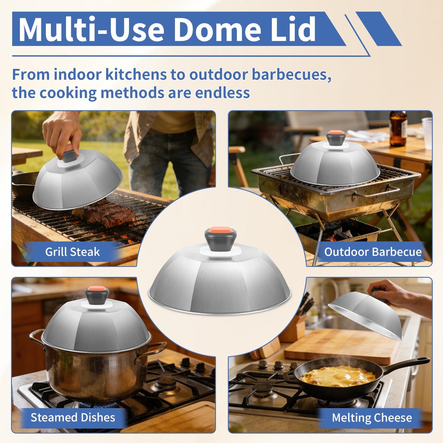 Cheese Melting Dome Set of 2, Stainless Steel 9" Griddle Melting Cheese Dome Wok Lids, Basting Cover for Griddle - Griddle Accessories for Outdoor & Indoor