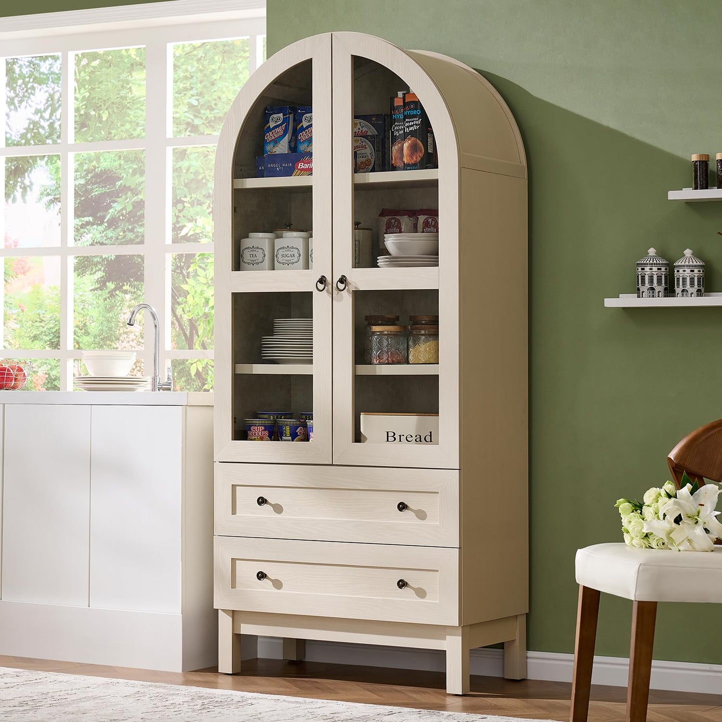 IFGET 71" Tall Arched Kitchen Pantry Cabinet, Wood Kitchens Storage Cabinets with 2 Large Drawers and Adjustable Shelves, Modern Farmhouse Versatile Cupboard for Kitchen, Dining Room, Bathroom, Cream