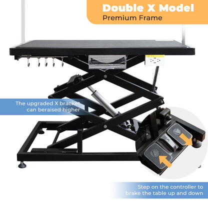 UDSONFY Electric Pet Dog Grooming Table, 50" Heavy Duty Grooming Table Professional Double X-Lift for Large Dogs Adjustable Height: 12"-45.8" Non-slip, AC Outlets, Storage Tray, 2 Nooses, Black
