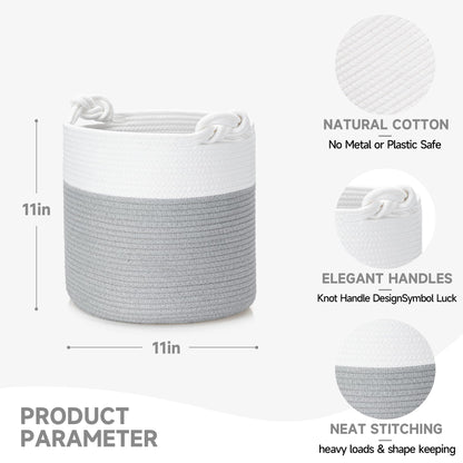 CLHMILY&Z 3 Pack Round Woven Cotton Storage Bins 11x11x11 Inch Collapsible Organizer Baskets for Cube Shelves Kids Room Closet and Home Decor Soft Durable Washable, grey