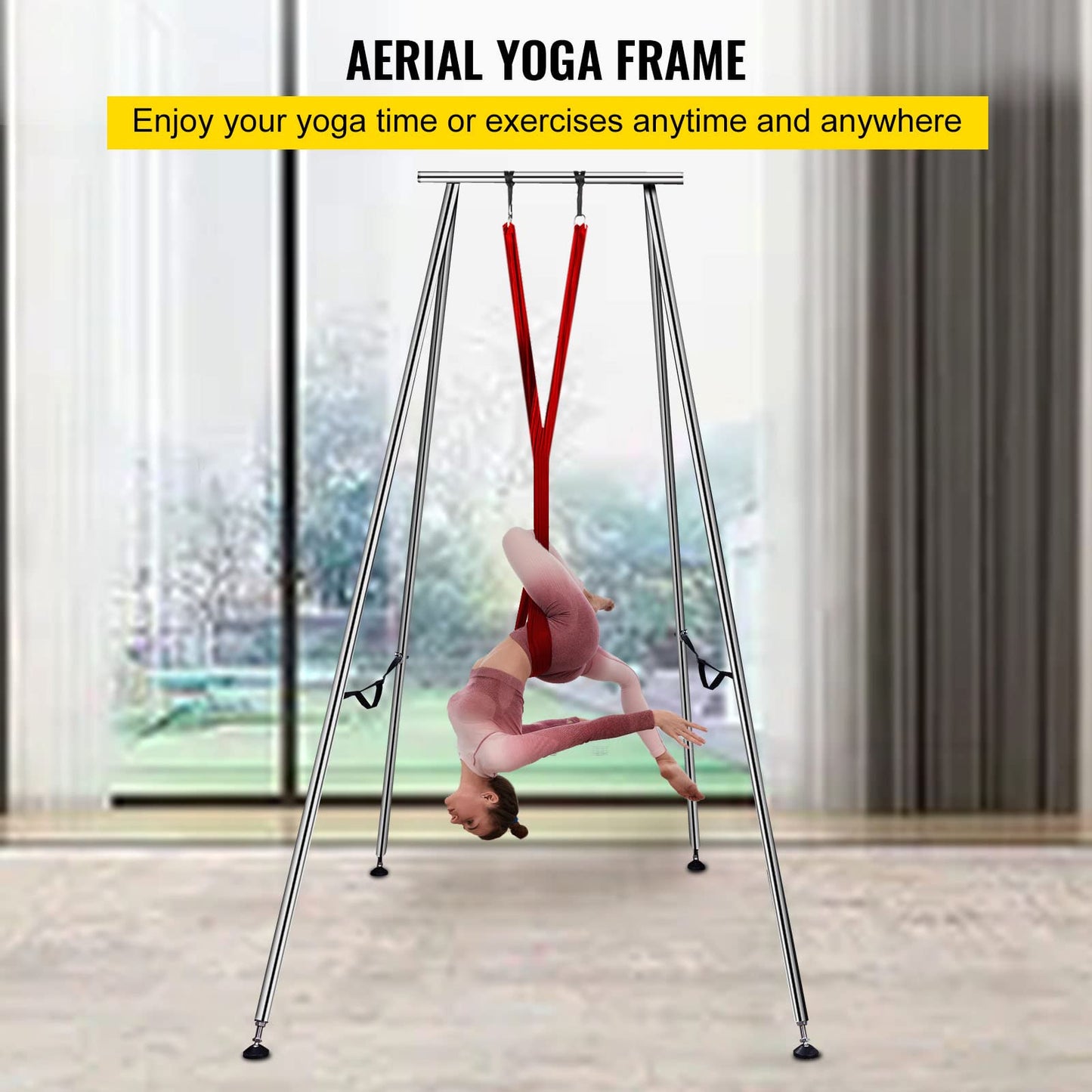 Happybuy Yoga Sling Inversion, 9.6 FT Inversion Yoga Swing Stand 68lbs, 551lbs/250kg Aerial Yoga Frame with 236in/6m Yoga Swing Inversion Sling Body Yoga Bundle Safety Belts Wine Red