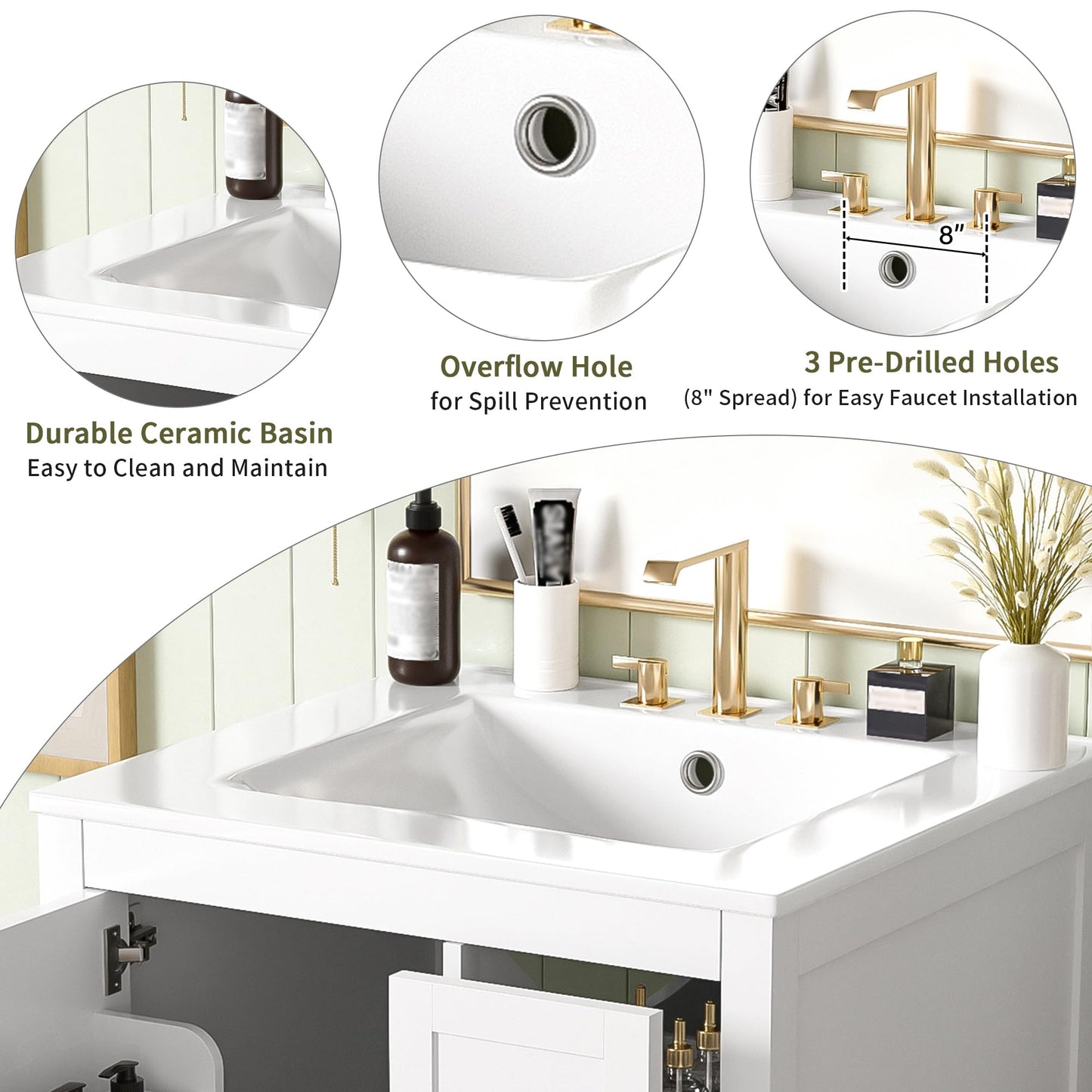 Favfurish 24" Bathroom Vanity with Ceramic Sink,Freestanding Bathroom Vanities with Soft-Closing Door and Double-Layer Door Shelf,Modern Bath Storage Cabinet w/ 3 Drawers,White