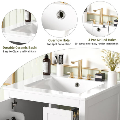 Favfurish 24" Bathroom Vanity with Ceramic Sink,Freestanding Bathroom Vanities with Soft-Closing Door and Double-Layer Door Shelf,Modern Bath Storage Cabinet w/ 3 Drawers,White