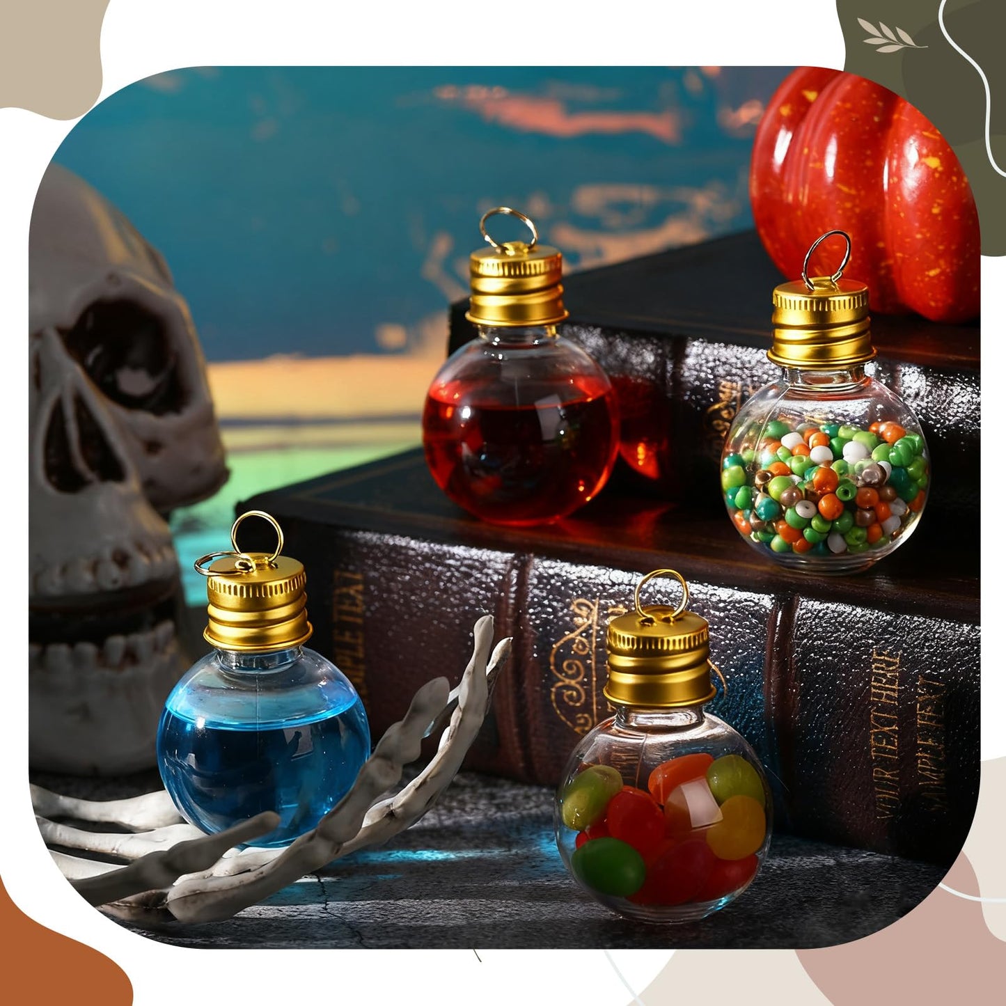 Bokon 25 Pack 1oz Mini Plastic Potion Bottles with Lids, Small Sand Art Bottles Ball Shaped Jar Tiny Clear Wishing Vial for Birthday Christmas Ornaments Halloween Party Decoration DIY Craft (Gold)
