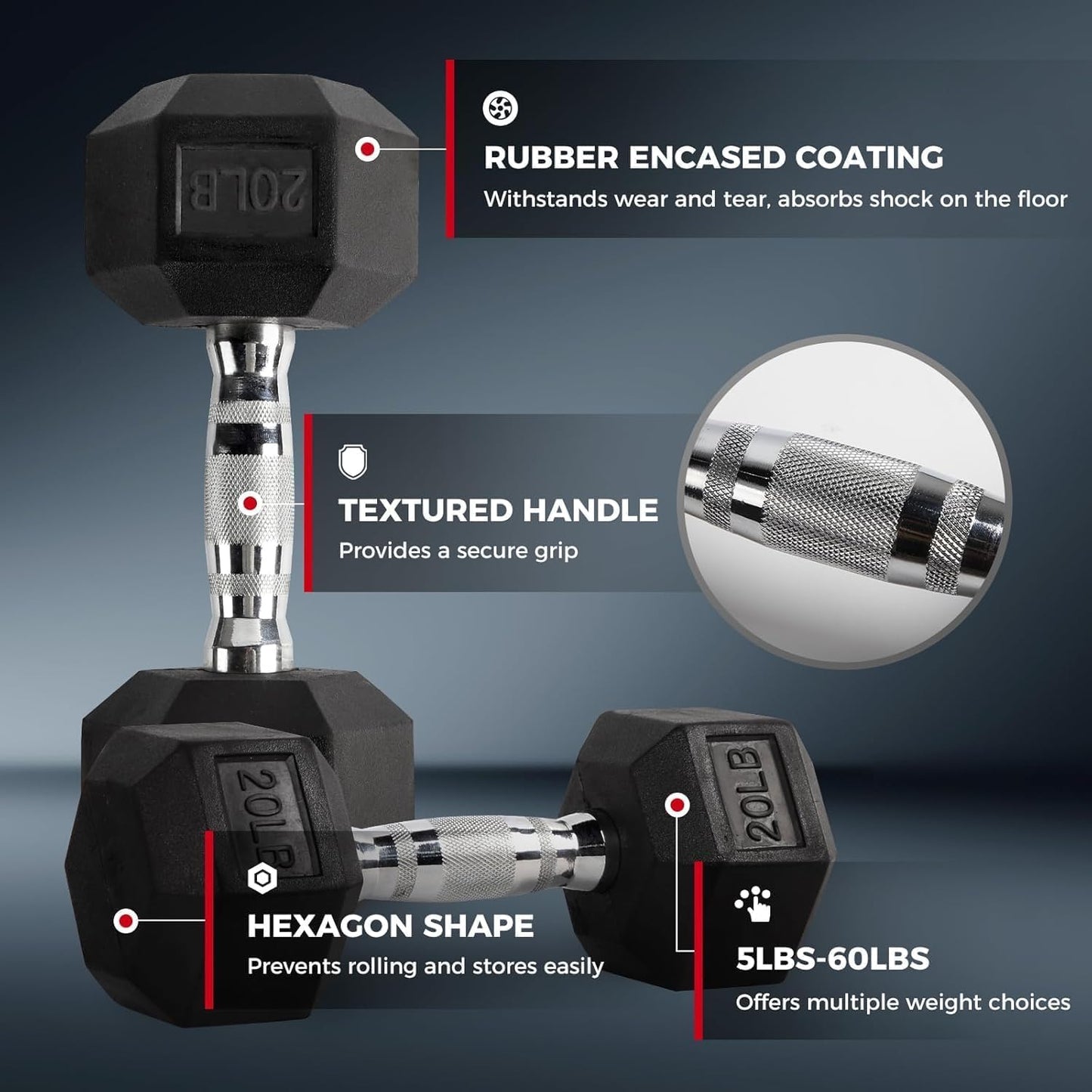 RITFIT Rubber Hex Dumbbells Set with Rack, 350LB Red Heavy-Duty Cast Iron Core, Knurled Chrome Handle, Space-Saving Storage Rack for Home Gym Strength Training