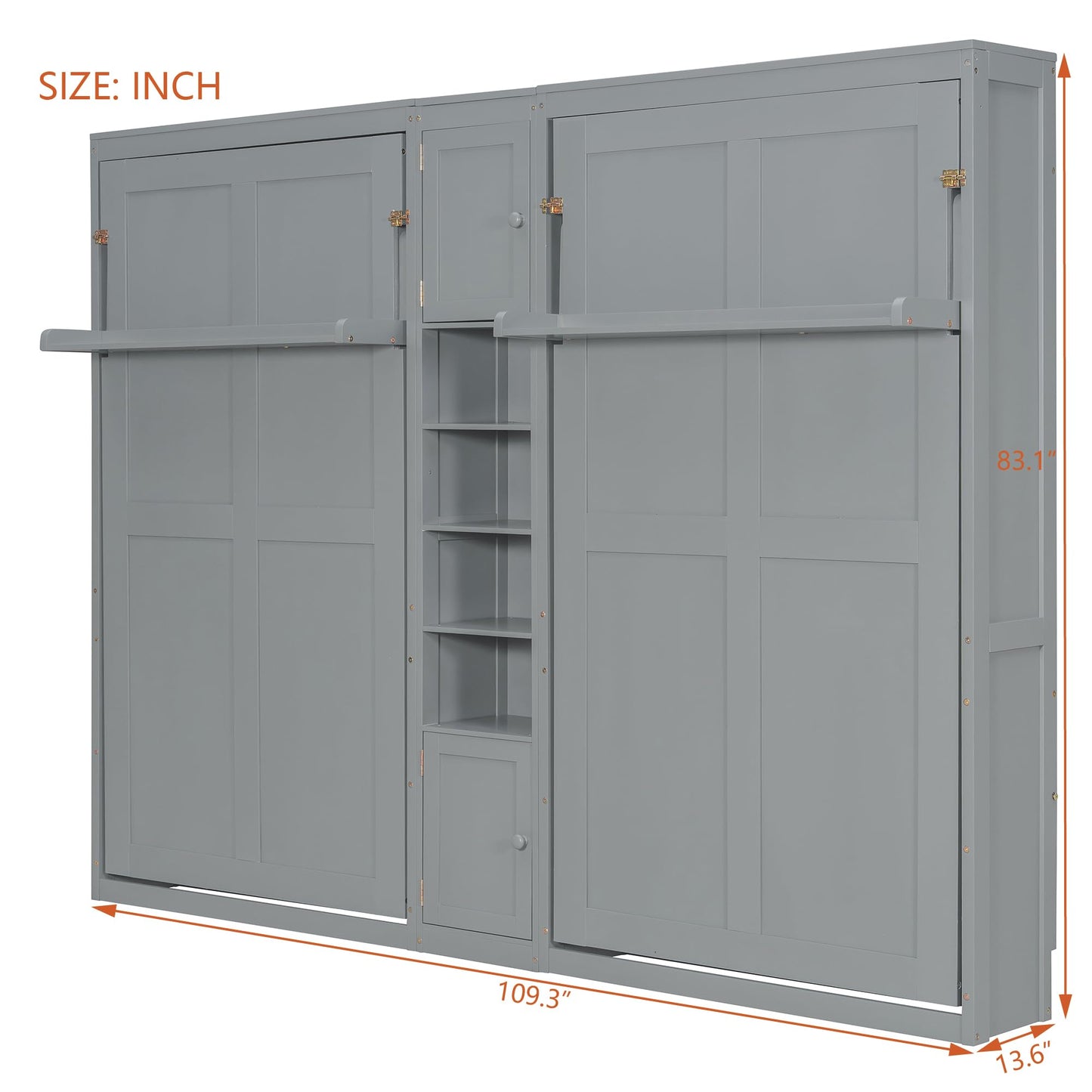 Merax Twin Murphy Bed with Storage Cabinets and Shelves, Dual Twin Wall Bed with Convertible Shelf Legs, Space Saving Foldable Bed for Small Rooms, Guest Room, Gray
