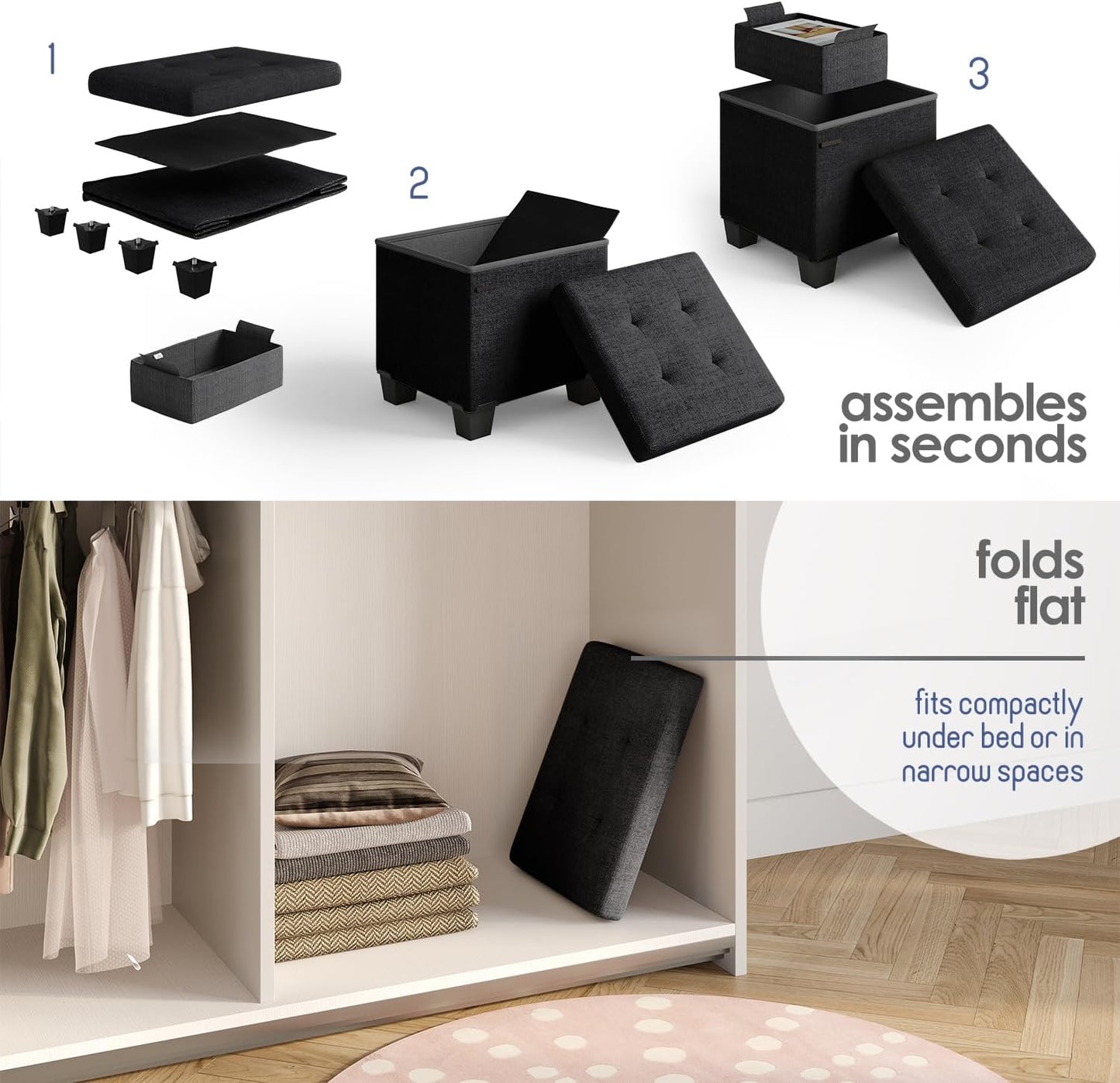 STORAGEBUD 15-in 330lbs, Storage Ottoman Cube with Small Bin, Square Ottoman with Storage for Living Room and Bedroom