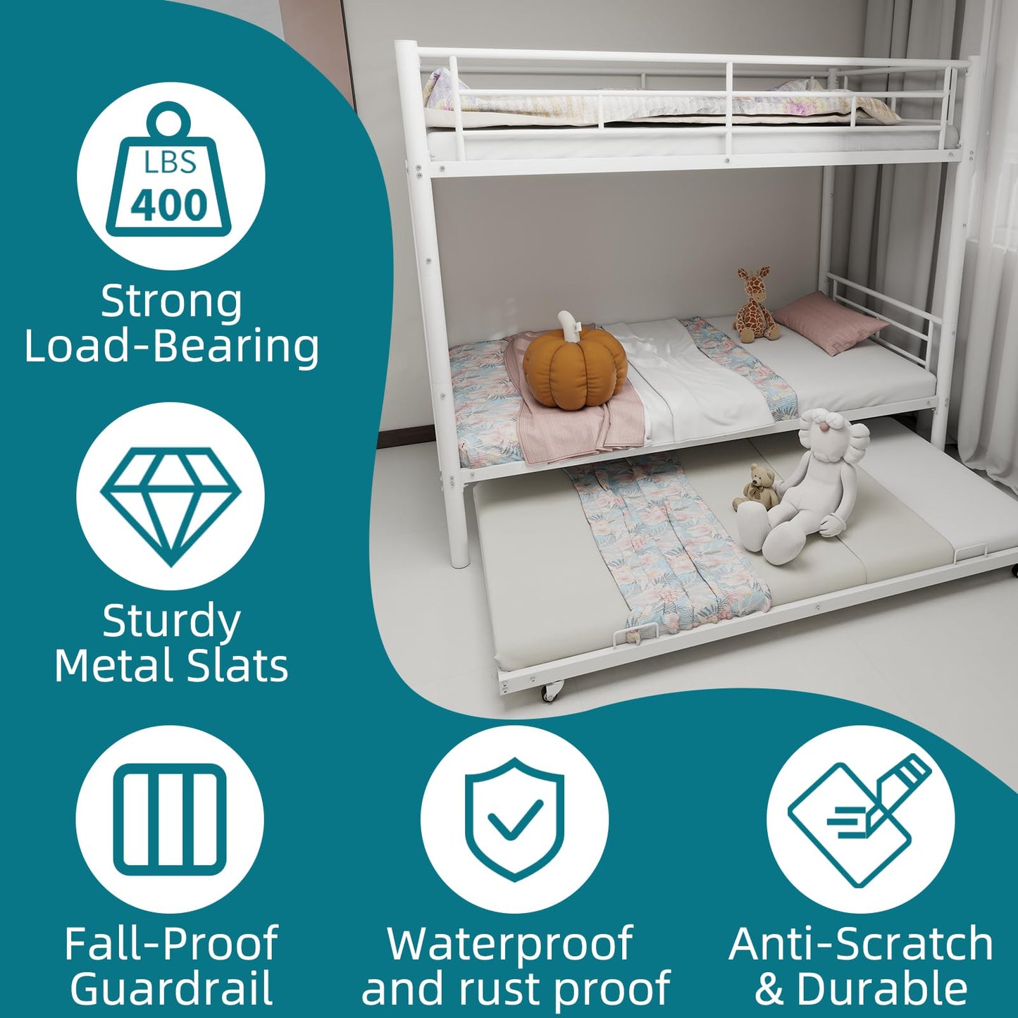KEIKI Twin Size Triple Bunk Bed w/Trundle,Heavy Duty Metal Convertible Platform Bed Frame with Ladder & Full-Length Guardrail, for Teens, Adults, Noise Reduced, No Box Spring Needed,White