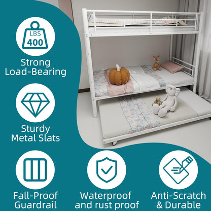 KEIKI Twin Size Triple Bunk Bed w/Trundle,Heavy Duty Metal Convertible Platform Bed Frame with Ladder & Full-Length Guardrail, for Teens, Adults, Noise Reduced, No Box Spring Needed,White